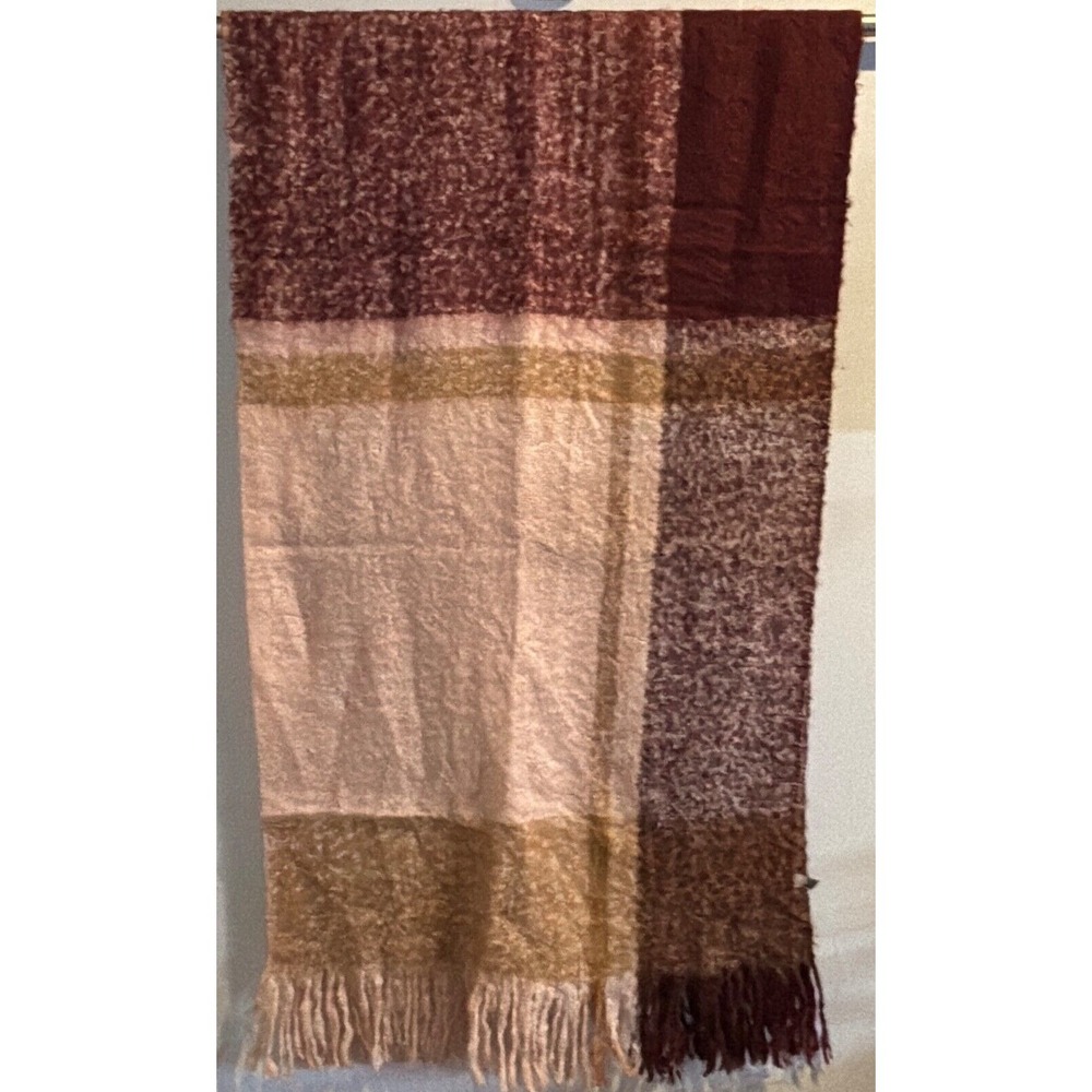 Super Soft and Lightweight Fringed Plaid Scarf Dark Red, Brown, LOOK By M